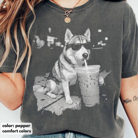 Comfort Colors Husky Shirt, Funny Dog Drinking Iced Coffee T-shirt, Vintage Dog Shirt, Dog Dad Unisex Tee, Husky Lover Shirt Gift
