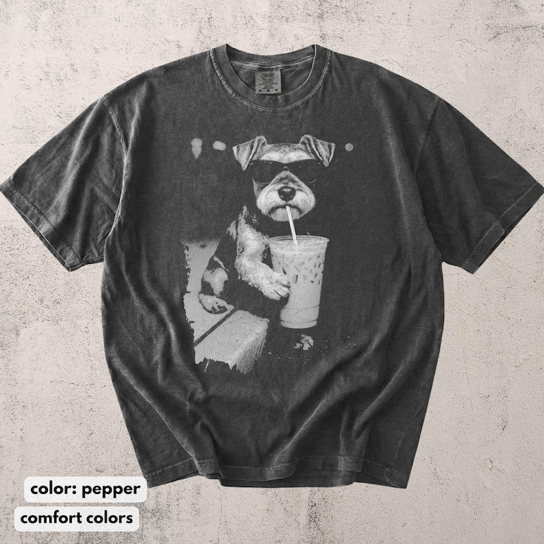 Comfort Colors Funny Schnauzer Drinking Iced Coffee Shirt, Vintage Dog Sweatshirt, Schnauzer Shirt, Dog Dad Unisex, Dog Lover Shirt Gift imagem 4