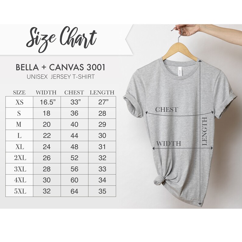Puede incluir: Tabla de tallas para camiseta de jersey unisex Bella + Canvas 3001. La tabla muestra las tallas XS a 5XL con las medidas de ancho, pecho y largo correspondientes en pulgadas.