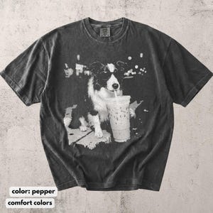 Comfort Colors Border Collie Shirt, Funny Dog Drinking Iced Coffee T-shirt, Vintage Dog Shirt, Dog Dad Unisex Tee, Collie Lover Shirt Gift image 4