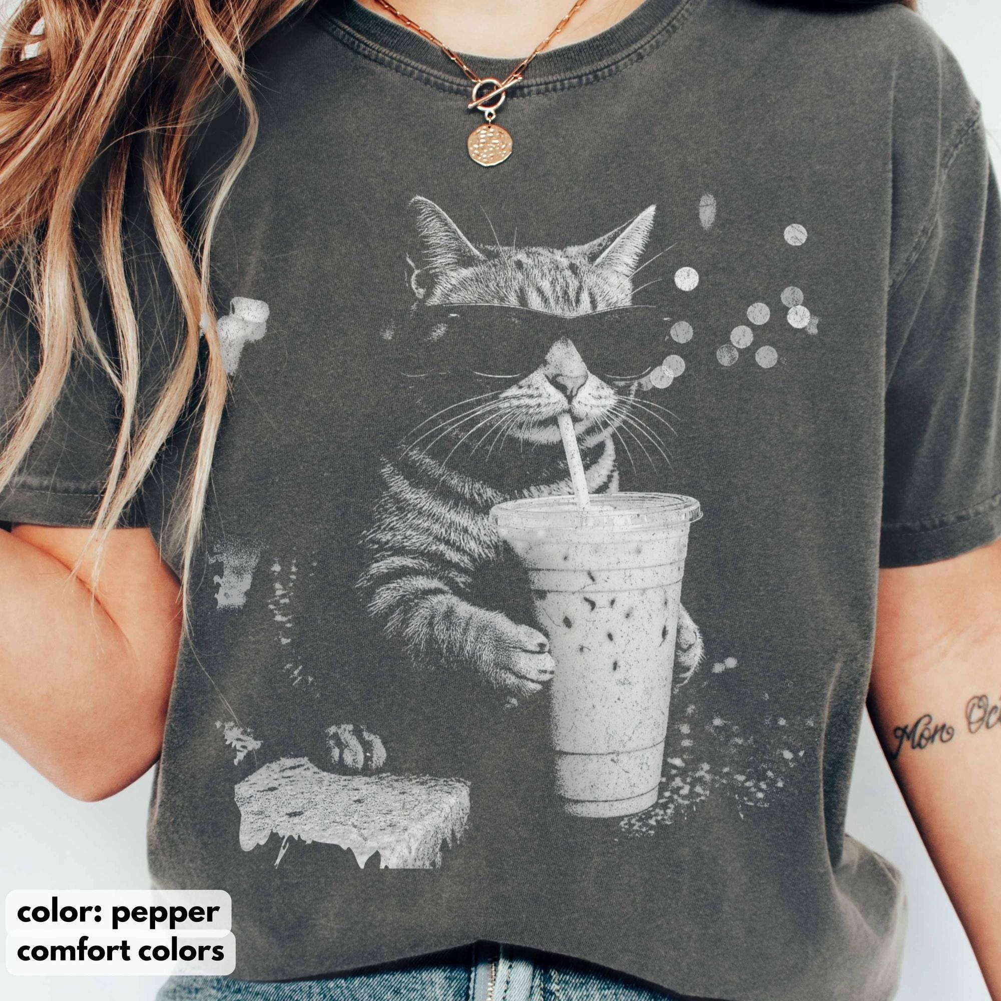 Comfort Colors Funny Cat Drinking Iced Coffee Shirt, Vintage Cat ...