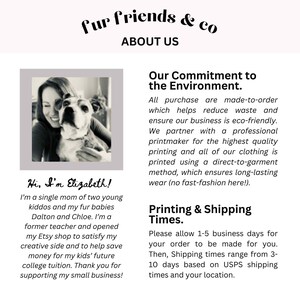 Pode incluir: P&aacute;gina web "Fur Friends & Co" com "Sobre n&oacute;s" no topo. A p&aacute;gina inclui uma foto a preto e branco de uma mulher e um c&atilde;o, juntamente com texto sobre o compromisso da loja com o meio ambiente e os tempos de impress&atilde;o.