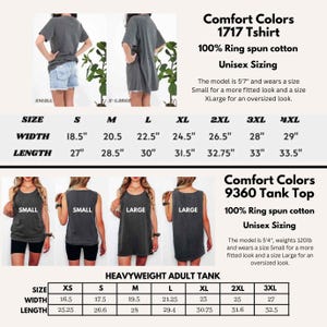 Op de afbeelding: De afbeelding toont Comfort Colors 1717 T-shirts en 9360 Tanktops, beide gemaakt van 100% ringgesponnen katoen. De T-shirt maten vari&euml;ren van S tot 4XL, met breedtes van 47 cm tot 74 cm. De tanktop maten vari&euml;ren van XS tot 3XL, met breedtes van 42 cm tot 69 cm.