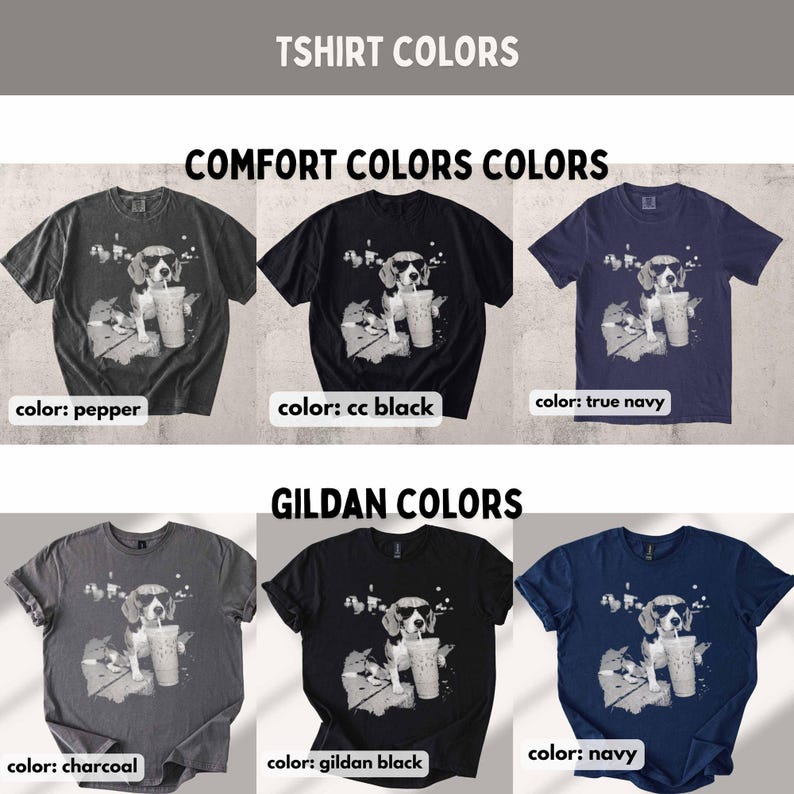 Puede incluir: Una colecci&oacute;n de camisetas en varios colores, cada una con un gr&aacute;fico de un perro con gafas de sol y sosteniendo una bebida. Las camisetas est&aacute;n disponibles en pepper, cc black, true navy, charcoal, gildan black y navy.