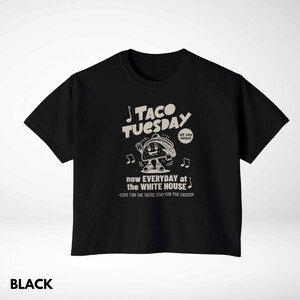 Pode incluir: Camiseta preta com um gr&aacute;fico "TACO TUESDAY" com um personagem de desenho animado de taco e notas musicais. O texto abaixo diz "now EVERYDAY at the WHITE HOUSE" e "COME FOR THE TACOS, STAY FOR THE FASCISM."