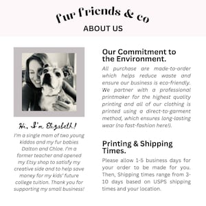 Puede incluir: P&aacute;gina web "Fur Friends & Co" con "Acerca de nosotros" en la parte superior. Foto en blanco y negro de una mujer y un perro, texto "&iexcl;Hola, soy Elizabeth!" e informaci&oacute;n sobre el compromiso ambiental de la tienda y los tiempos de impresi&oacute;n.