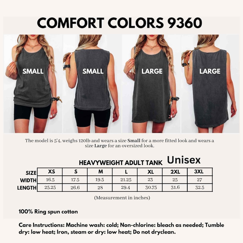 Puede incluir: Camiseta sin mangas unisex para adultos, gris oscuro, con tabla de tallas e instrucciones de cuidado. La modelo mide 1,63 m y pesa 54 kg, usa la talla Small para un look ajustado y Large para un look oversize. 100% algod&oacute;n ring-spun. Texto "COMFORT COLORS 9360".