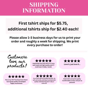 May include: Pink and white graphic with the text "SHIPPING INFORMATION" at the top. Below, text states shipping details for t-shirts, followed by customer reviews with star ratings and positive comments about the product.
