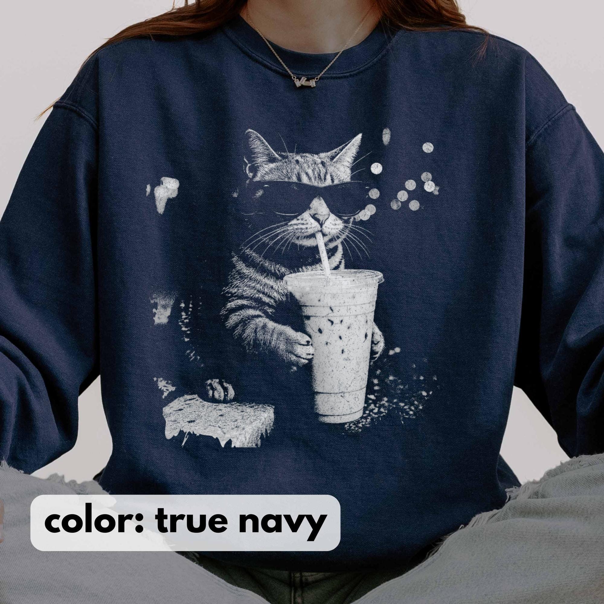 Comfort Colors Funny Cat Drinking Iced Coffee Shirt, Vintage Cat ...