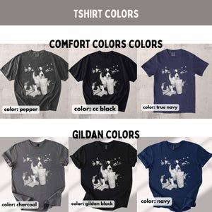 May include: A collection of t-shirts in various colors, including pepper, cc black, true navy, charcoal, gildan black, and navy. Each shirt features a graphic of a dog drinking from a cup. The text "TSHIRT COLORS" and "COMFORT COLORS COLORS" are at the top.