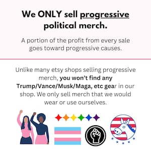 Może przedstawiać: Obraz z tekstem: "Sprzedajemy TYLKO progresywny merch polityczny." Zawiera ilustracje uniesionych pięści, flagę dumy transseksualist&oacute;w i osła z gwiazdami. Tekst m&oacute;wi r&oacute;wnież, że część zysku trafia na cele progresywne.