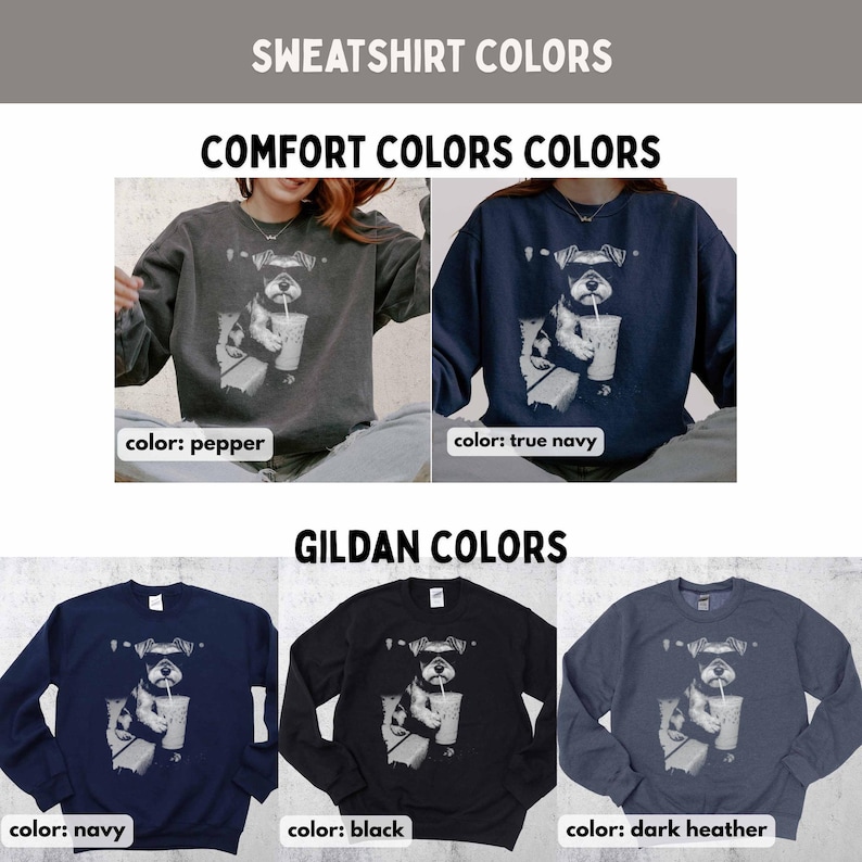 Pode incluir: Uma exibi&ccedil;&atilde;o de camisolas em v&aacute;rias cores, incluindo pimenta, azul marinho, marinho, preto e cinza escuro. Cada camisola apresenta um gr&aacute;fico de um c&atilde;o com &oacute;culos de sol e uma bebida. A imagem inclui o texto "SWEATSHIRT COLORS".