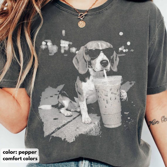 Comfort Colors Beagle Shirt, Funny Dog Drinking Iced Coffee T-shirt, Vintage Dog Shirt, Dog Dad Unisex Tee, Beagle Lover Shirt Gift