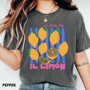 May include: A dark gray t-shirt with a colorful lemon graphic. The design includes yellow lemons, blue vertical stripes, and the text "La Dolce Vita" and "IL LIMON" in pink. The shirt is made of a soft material.