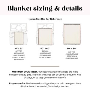 May include: Diagram showing blanket sizes: 37" x 52", 50" x 60", and 60" x 80". The text indicates these sizes are for lap, baby, travel, pet, kids, teen, picnic, full/queen bed, sofa throw, and guest blankets. Made from 100% cotton.