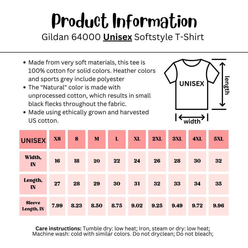 May include: Unisex Gildan 64000 Softstyle T-Shirt size chart with measurements in inches for width, length, and sleeve length. The chart includes sizes from X-Small to 5X-Large.