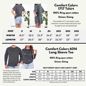 Op de afbeelding: Afbeelding met twee soorten Comfort Colors-shirts: een 1717 T-shirt en een 6014 Long Sleeve Tee. De afbeelding bevat maattabellen met afmetingen in inches voor elke shirtstijl, samen met informatie over de stof en maatvoering.