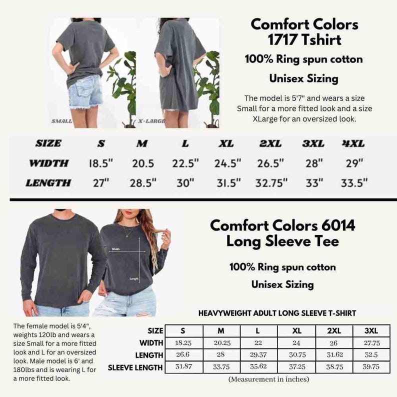 Op de afbeelding: Afbeelding met twee soorten Comfort Colors-shirts: een 1717 T-shirt en een 6014 Long Sleeve Tee. De afbeelding bevat maattabellen met afmetingen in inches voor elke shirtstijl, samen met informatie over de stof en maatvoering.