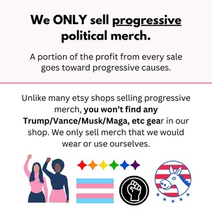 Pode incluir: Imagem com texto: "N&oacute;s S&Oacute; vendemos merchandising pol&iacute;tico progressista." e "Uma parte do lucro de cada venda vai para causas progressistas." Tamb&eacute;m inclui v&aacute;rios s&iacute;mbolos progressistas e um burro.