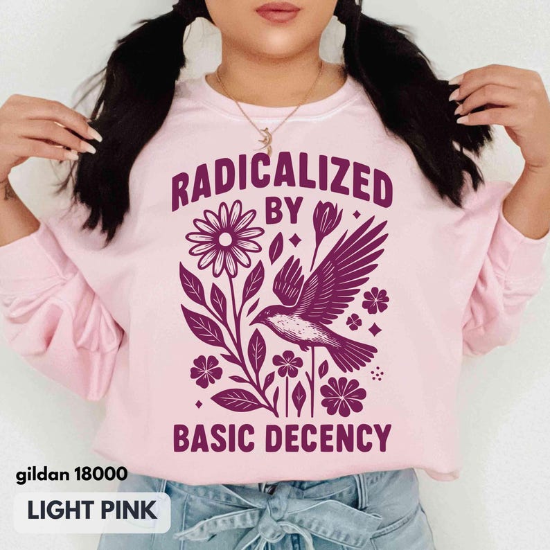 May include: Light pink sweatshirt with the text "RADICALIZED BY BASIC DECENCY" in dark purple. The graphic includes a bird, flowers, and leaves. The sweatshirt is a Gildan 18000, in light pink.