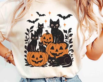 Black Cat Comfort Colors Halloween Cat Shirt, Cat Lover Tshirt, Cute Pumpkin Shirt Gift For Her, Black Cat Mom Cat Mom Fall Things Shirt