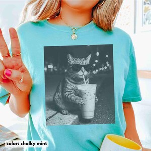 May include: Chalky mint-colored t-shirt featuring a black and white graphic of a cat wearing sunglasses and drinking from a cup with a straw. The text "color: chalky mint" is at the bottom of the image.