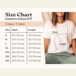 Może przedstawiać: Tabela rozmiar&oacute;w dla koszulki unisex Comfort Colors 1717. Wymiary klatki piersiowej i długości podano w centymetrach. Rozmiary wahają się od S (47 cm klatki piersiowej, 69 cm długości) do 4XL (74 cm klatki piersiowej, 85 cm długości).