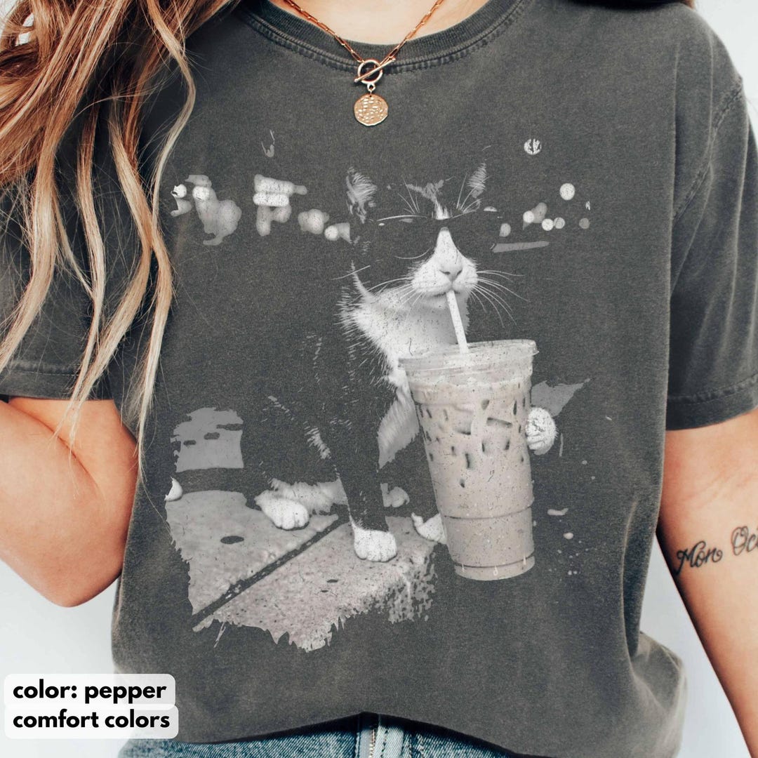 Comfort Colors Tuxedo Cat Shirt, Funny Cat Drinking Iced Coffee T-shirt ...