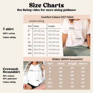 May include: Size chart for unisex t-shirts and sweatshirts. The chart shows sizes from S to 4XL for t-shirts and S to 3XL for sweatshirts. Measurements are in inches and centimetres for chest, length, and sleeve.