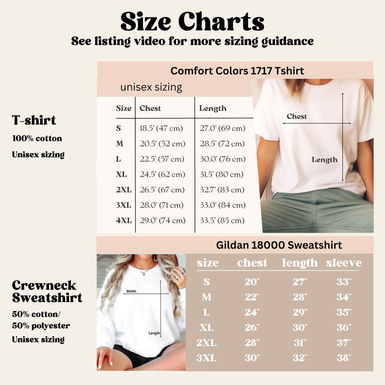May include: Size chart for unisex t-shirts and sweatshirts. The chart shows sizes from S to 4XL for t-shirts and S to 3XL for sweatshirts. Measurements are in inches and centimetres for chest, length, and sleeve.