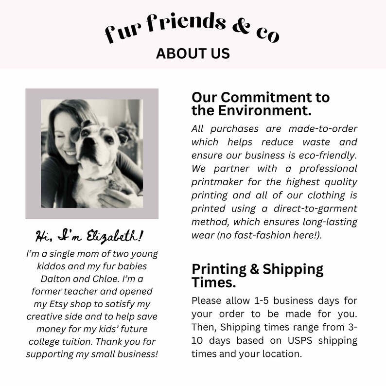 Puede incluir: P&aacute;gina web "fur friends & co" con "ACERCA DE NOSOTROS" en la parte superior. Presenta una foto en blanco y negro de una mujer y un perro. El texto debajo dice "&iexcl;Hola, soy Elizabeth!" y describe a la due&ntilde;a de la tienda.