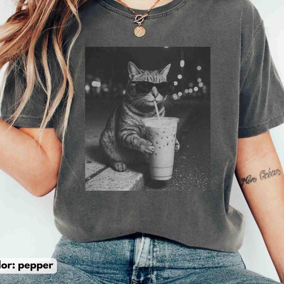 Funny Cat Drinking Iced Coffee Shirt: Animal Meme Graphic Tee