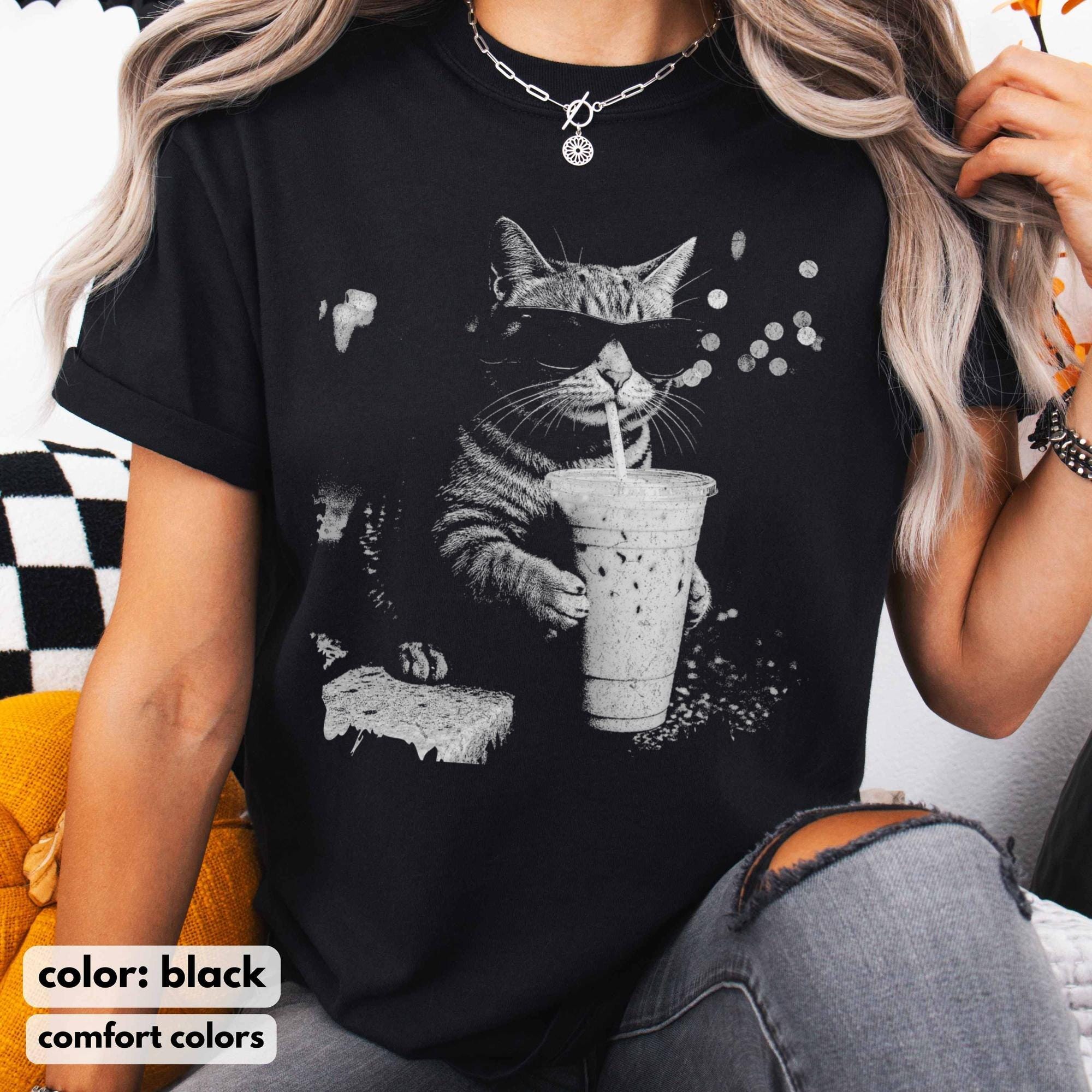 Comfort Colors Funny Cat Drinking Iced Coffee Shirt, Vintage Cat ...