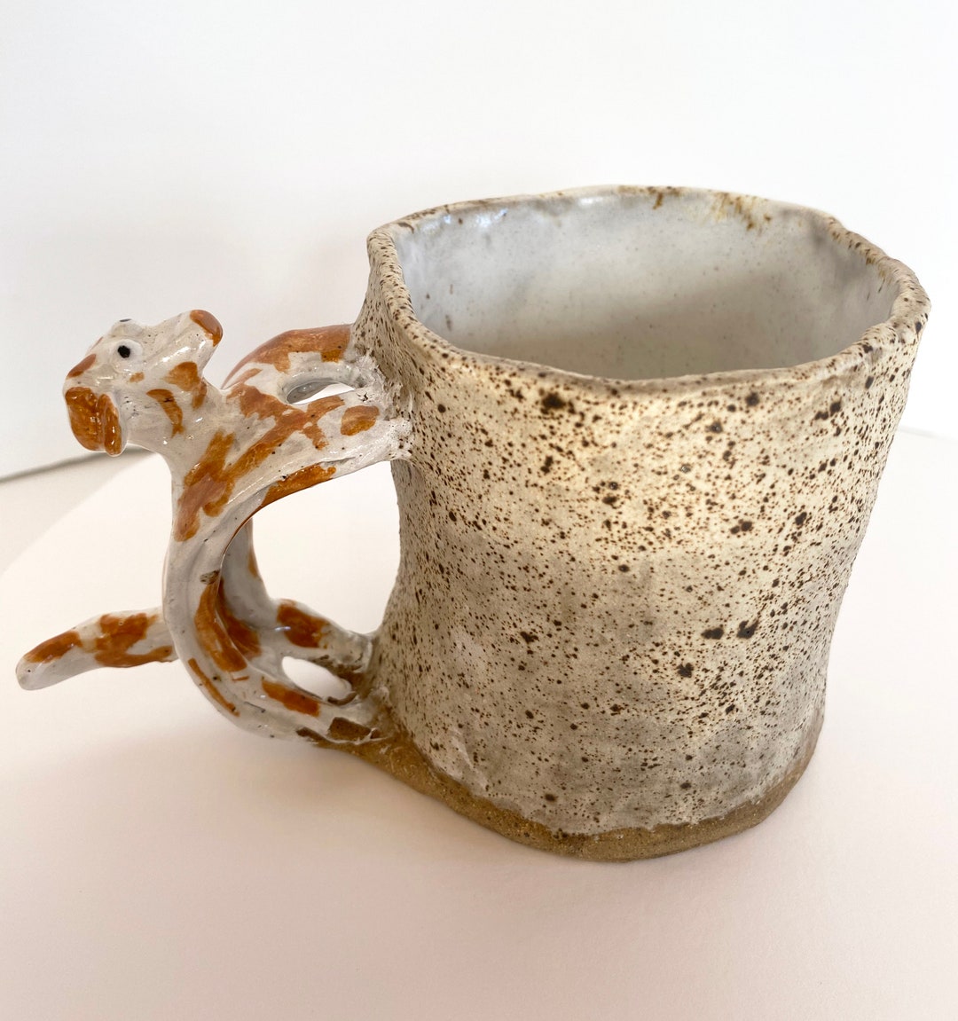 Handmade Ceramic Mug With Dog Handle Unique Speckled White Etsy