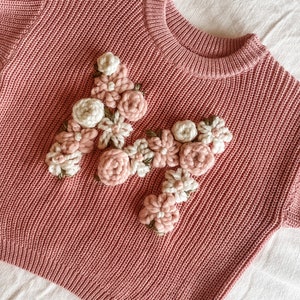 Custom initial Floral Print Hand Embroidered Knit Sweater Baby and Toddler Some greenery