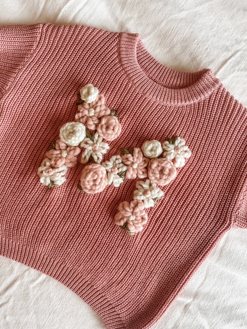 Custom initial Floral Print Hand Embroidered Knit Sweater Baby and Toddler Some greenery