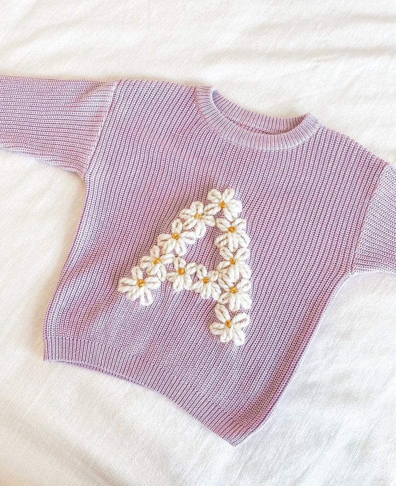 Custom initial Floral Print Hand Embroidered Knit Sweater Baby and Toddler No greenery