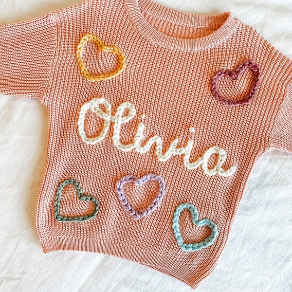 Custom name | Valentine sweater | Heart Print | Hand Embroidered Knit Sweater | Baby and Toddler