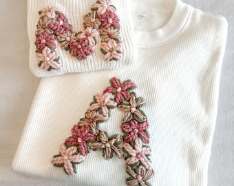 Matching mama and mini sweaters, Hand Embroidered Knit Sweater, Adult size, initial, floral embroidery