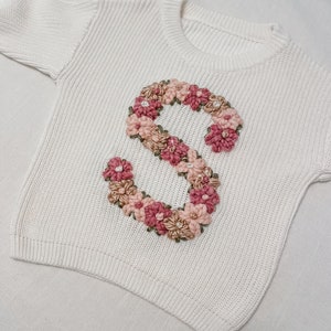 Custom initial Floral Print Hand Embroidered Knit Sweater Baby and Toddler image 4