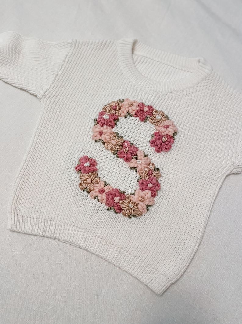 Custom initial Floral Print Hand Embroidered Knit Sweater Baby and Toddler image 4