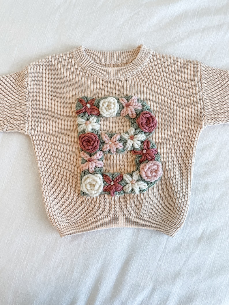 Custom initial Floral Print Hand Embroidered Knit Sweater Baby and Toddler image 6