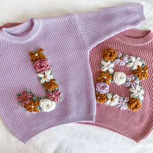 Custom initial Floral Print Hand Embroidered Knit Sweater Baby and Toddler image 3