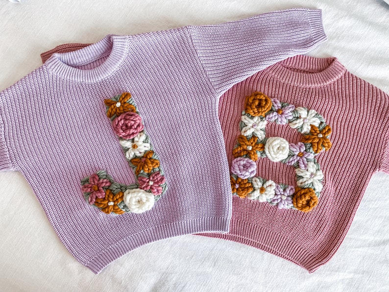 Custom initial Floral Print Hand Embroidered Knit Sweater Baby and Toddler image 3