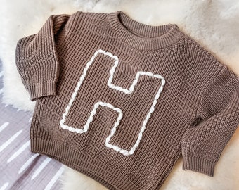 Custom initial | Block letter | Hand Embroidered Knit Sweater | Baby and Toddler