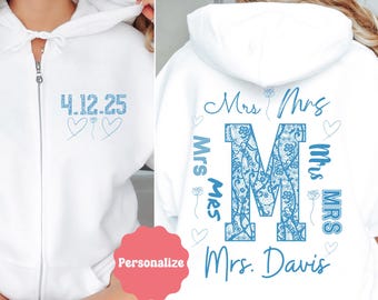 Custom Mrs Sweatshirt, Mrs Last Name Zip Up Hoodie, Personalized Bride Gift, Honeymoon Sweatshirt, Bride Zip Up, Wedding Hoodie, engagement