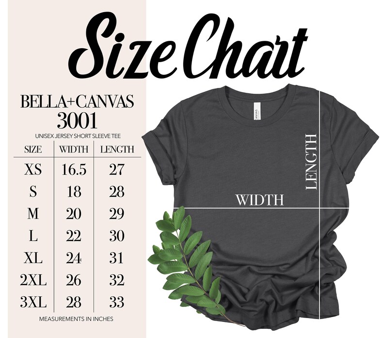May include: A dark gray unisex jersey short sleeve tee with a size chart. The chart lists sizes XS to 3XL, with measurements in inches for width and length. The shirt is from Bella+Canvas, style 3001.