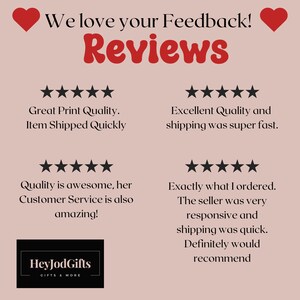 May include: A light pink background with the text "We love your Feedback! Reviews" in red. Below are customer reviews with five-star ratings, praising print quality, shipping speed, and customer service. The HeyJodGifts logo is at the bottom.