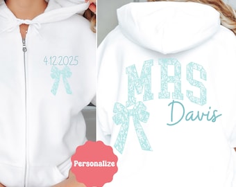 Custom Mrs Sweatshirt, Mrs Last Name Zip Up Hoodie, Personalized Bride Gift, Honeymoon Sweatshirt, Bride Zip Up, Wedding Hoodie, engagement