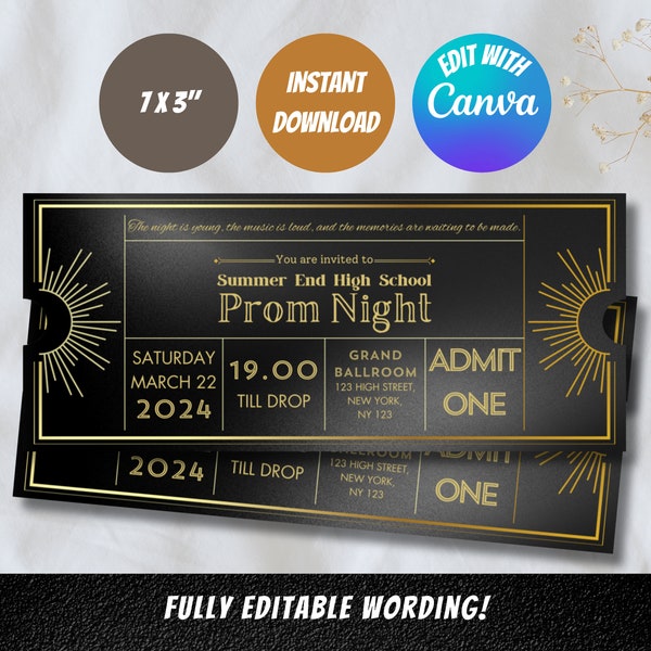 Editable Black Gold Prom Night Ticket Template, Homecoming and Graduation Party Invitation, DIY Event Ticket with Canva, Instant Download